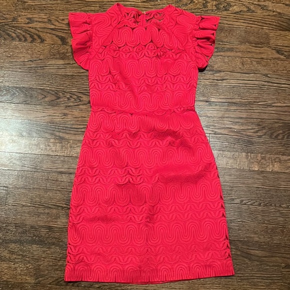 Trina Turk Mai-Tai Ruffle-Sleeve Lace Sheath Dress, Cranberry - Size 4 - Picture 3 of 6